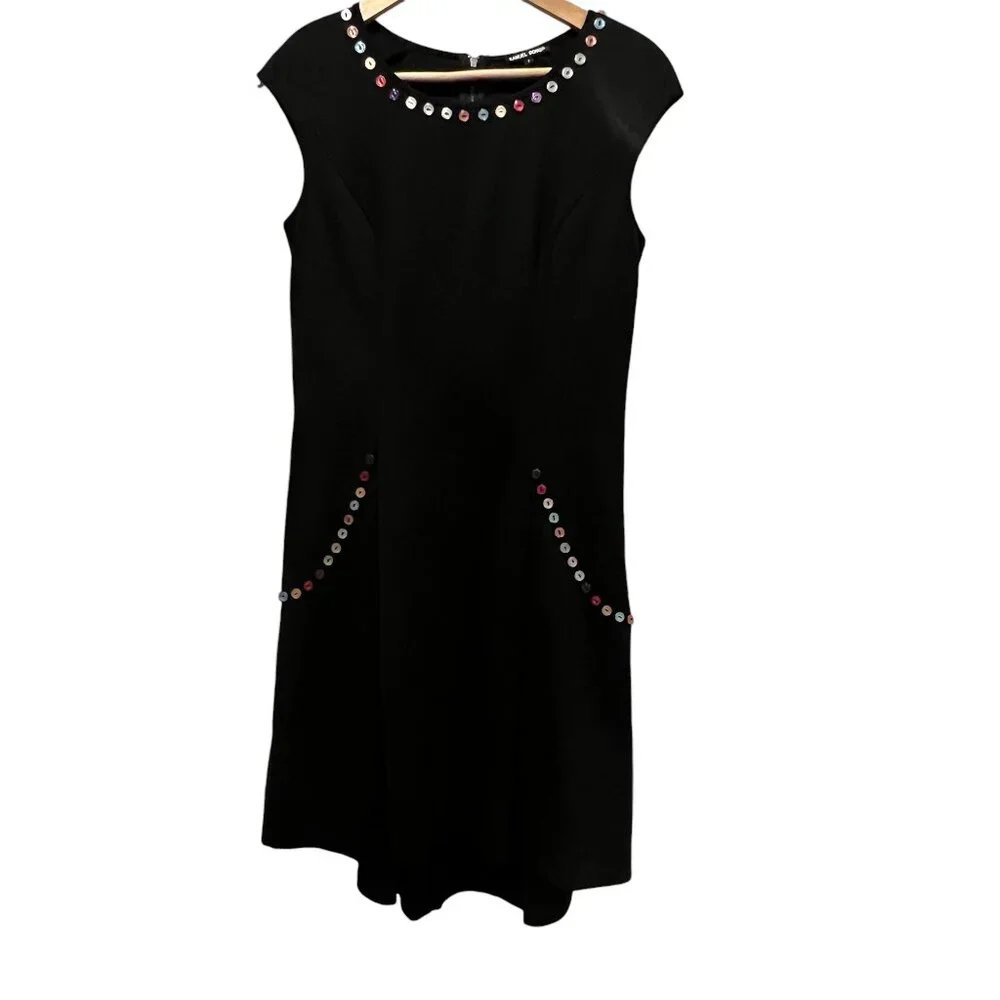Samuel Dong Fit & Flare Black Cap Sleeve Dress, Button Detail, S